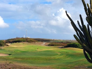 A golf course with a flag, cacti, and a distant lighthouse. - Palmbeach 623: 5 min walk to beach  by Bocobay (Noord)