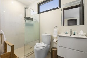 Un baño moderno con mampara de cristal, inodoro, lavabo con artículos de aseo y espejo.