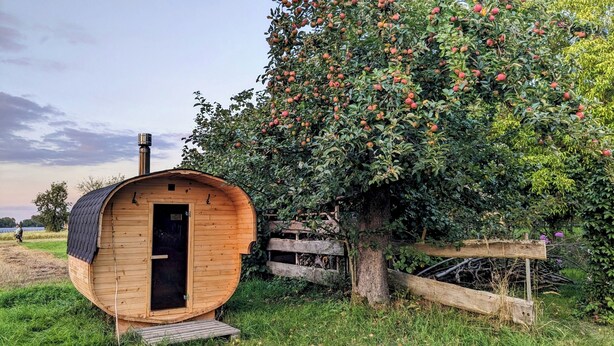 Une cabane en bois avec une cheminée, un petit porche et un grand pommier en arrière-plan.