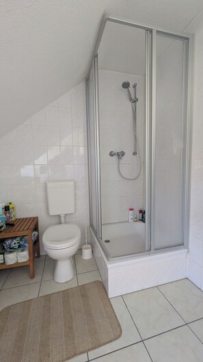 Hair dryer, towels, soap, shampoo