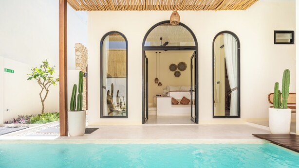 Zona de piscina con vista despejada a un baño que incluye bañera, ducha e inodoro. Hay cactus en macetas y un pequeño árbol cerca de la piscina.
