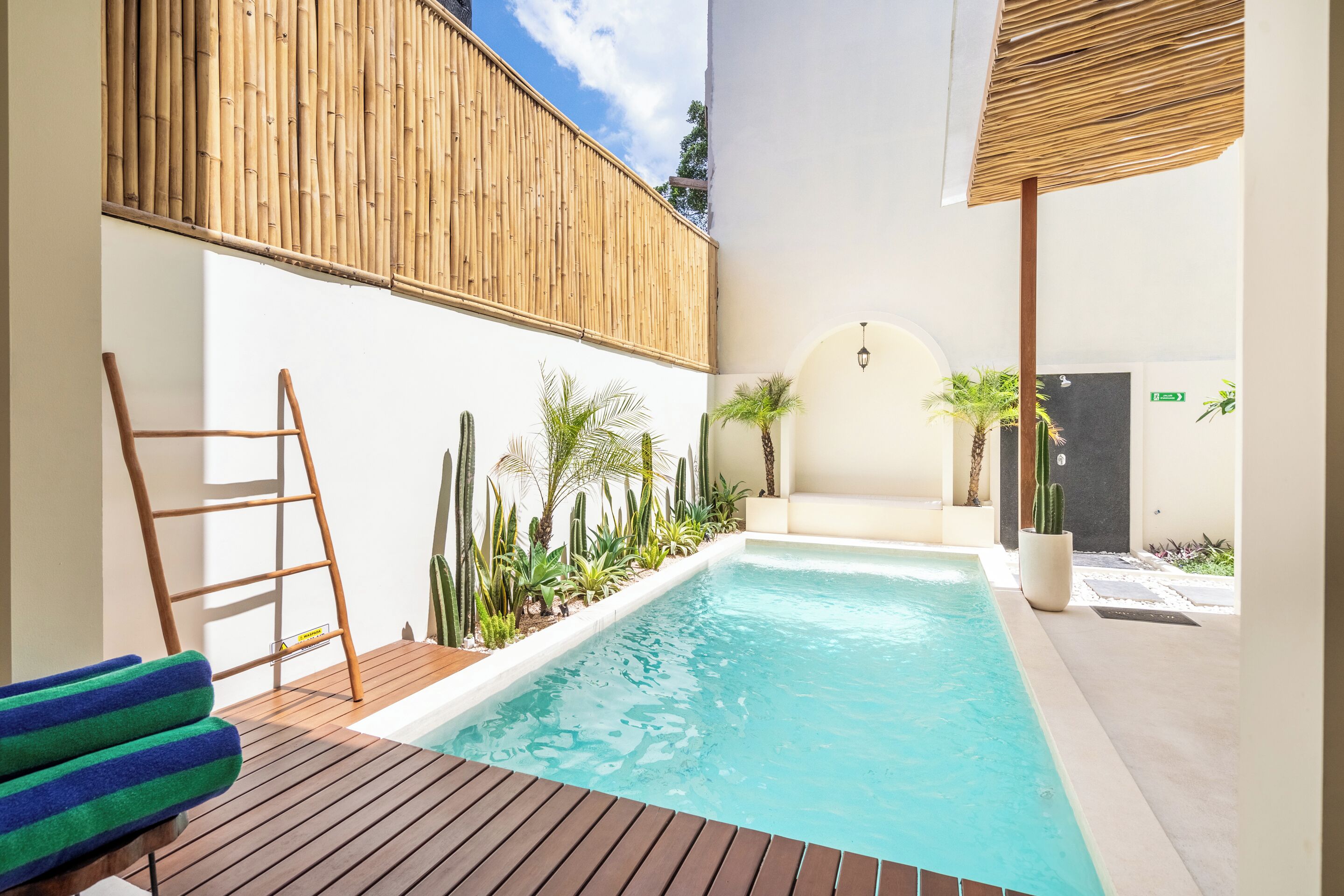 Un espace piscine doté d’une terrasse en bois, d’une échelle et d’une chaise longue.
