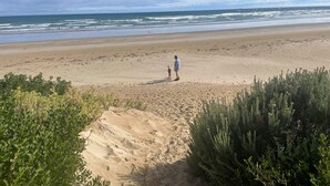 A beach with a person and a child walking on the sand, with vegetation in the foreground. - Drift Away with the waves and endless sea views (Greens Beach)