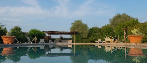 Outdoor pool, pool umbrellas, pool loungers
