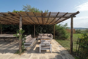 Outdoor pool, pool umbrellas, pool loungers
