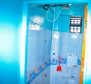 Hair dryer, bidet, towels, soap