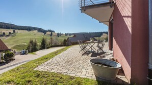 Une terrasse avec des meubles d’extérieur, un grand bac à fleurs et une vue sur un paysage rural.