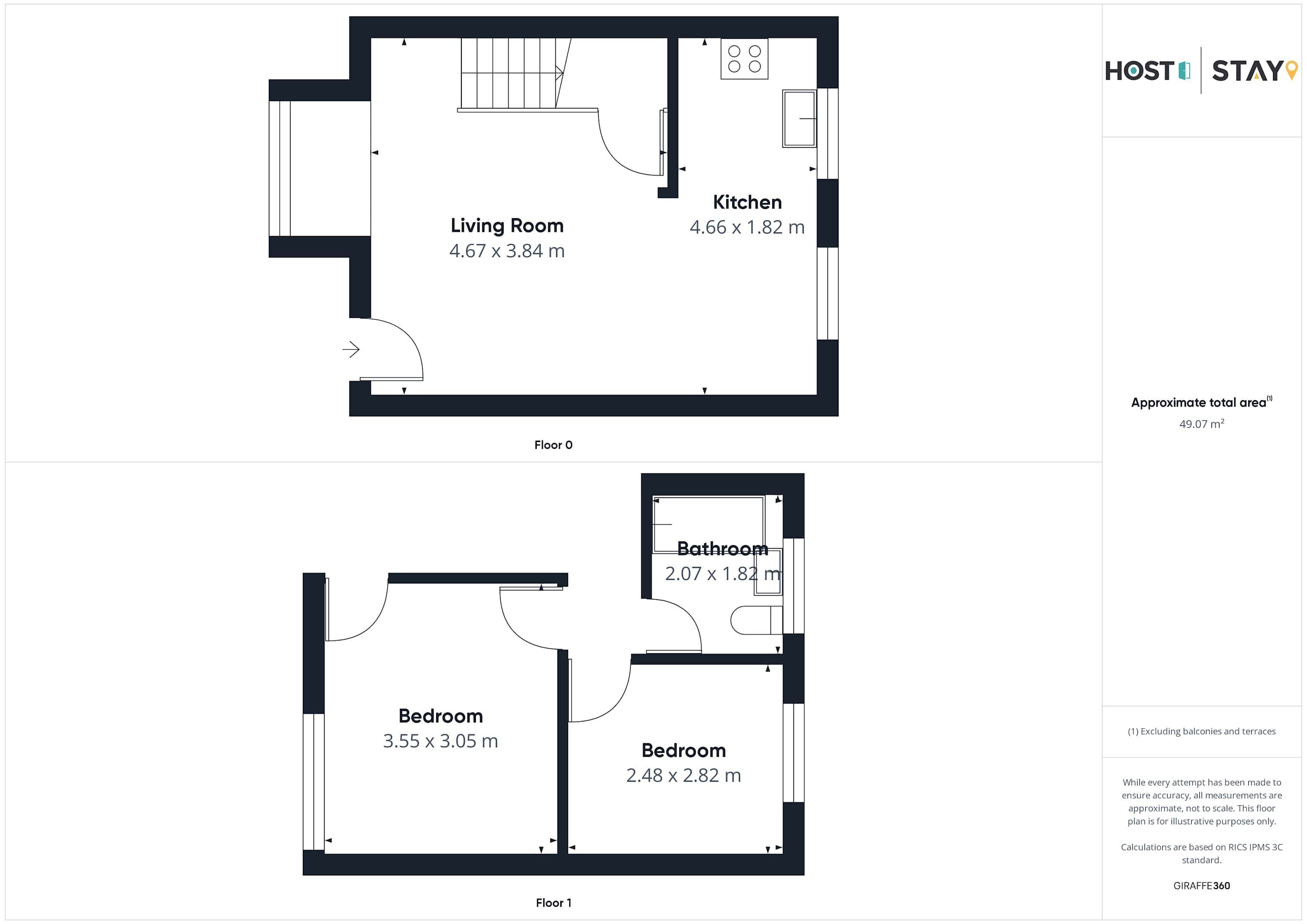 Un plan d’étage d’un hôtel comprenant un salon, une cuisine, deux chambres et une salle de bain.