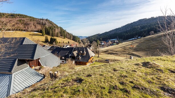 A rural village with traditional houses, a clear sky, and a hilly landscape. - Apartment Eddy, 45 sqm with Mountain View, Meadow and Wi-Fi (Todtnau)