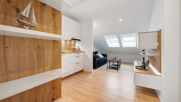 A modern loft-style apartment with a wooden accent wall, a kitchenette, a seating area with a sofa and a small table, and skylights.