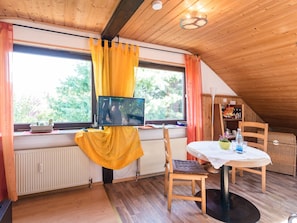Une pièce confortable avec un téléviseur posé sur un meuble, une table avec des chaises, un radiateur et une fenêtre avec des rideaux.