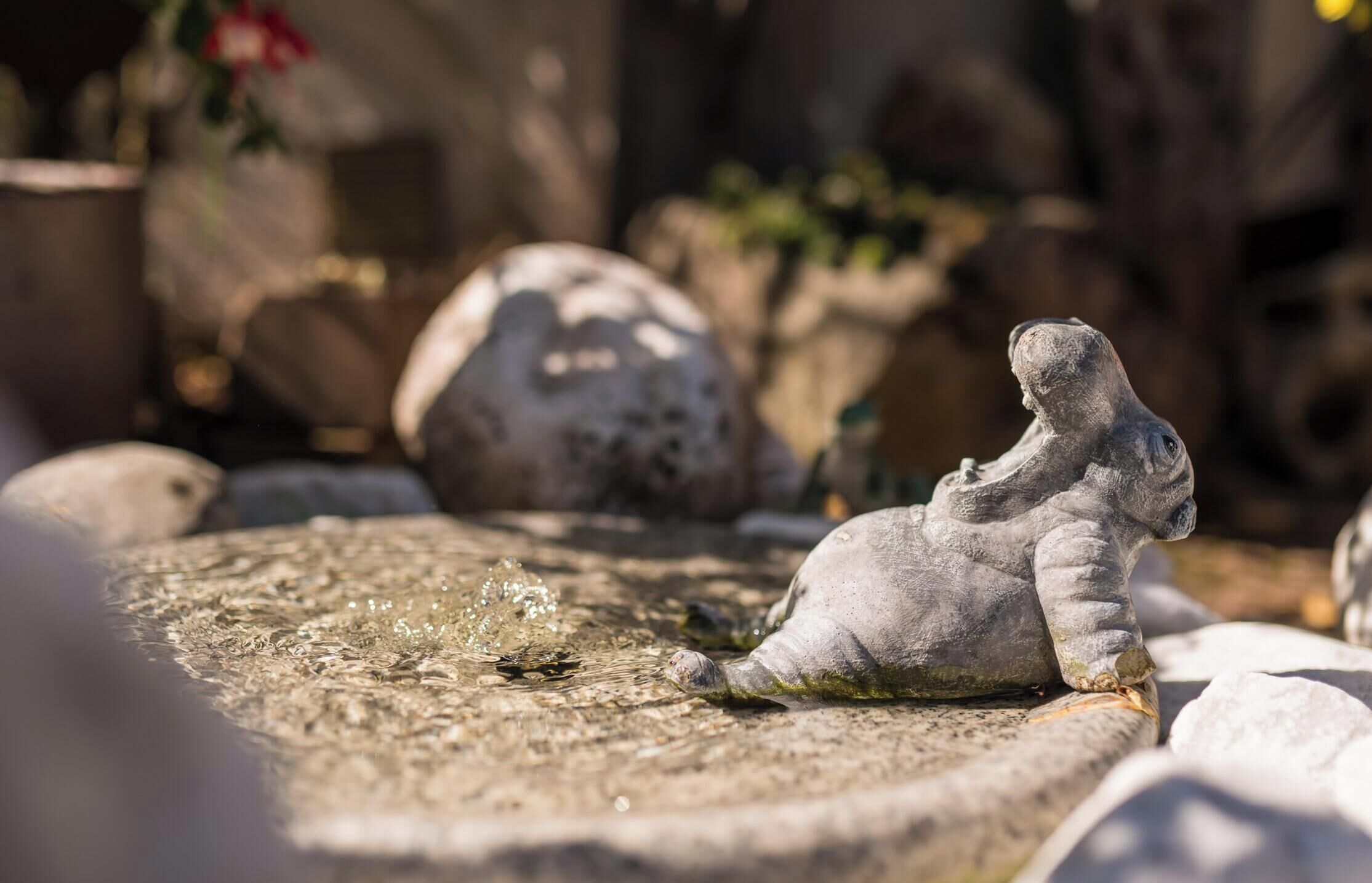 A stone sculpture of a dinosaur in a garden setting.