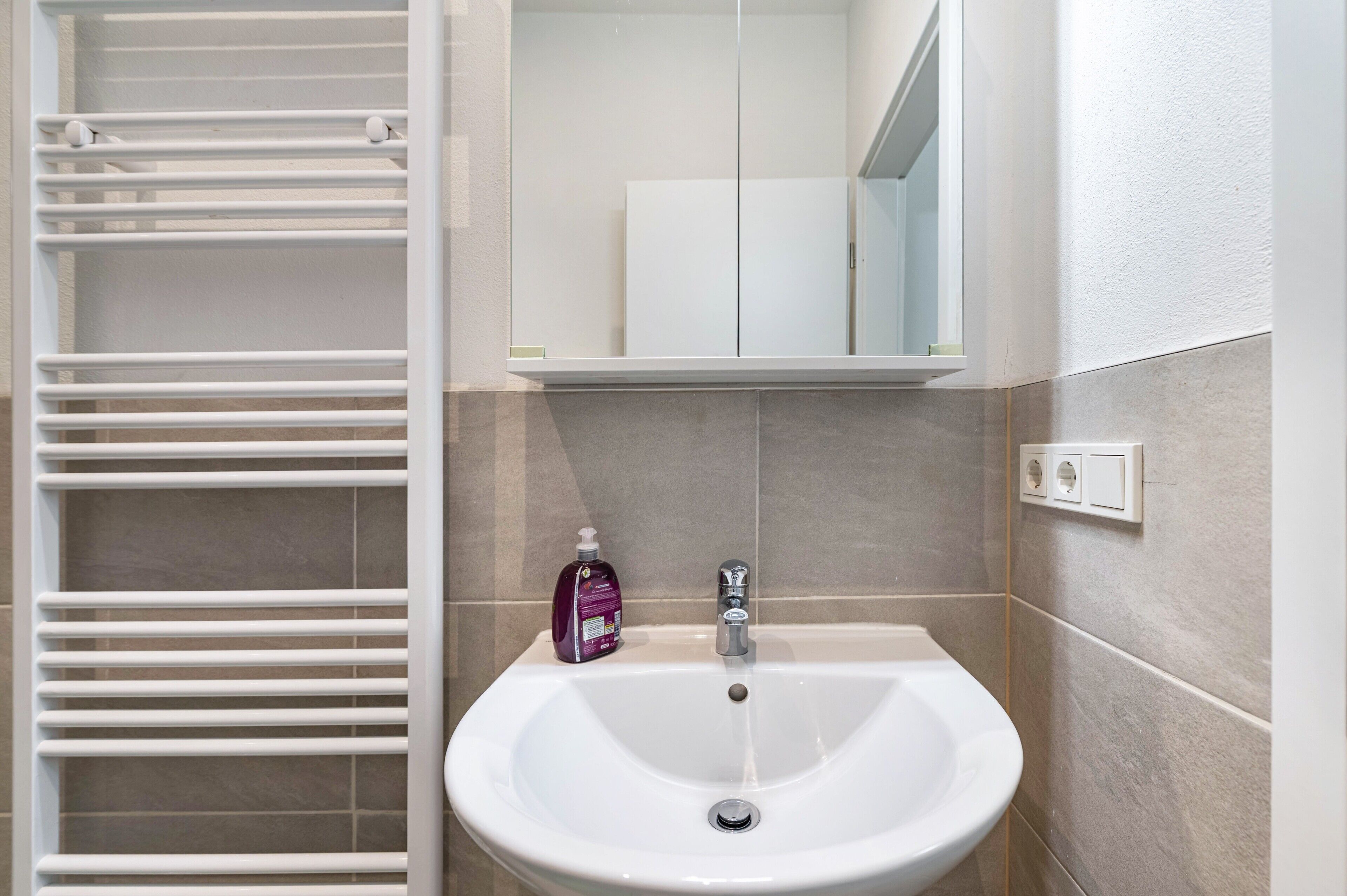 Een badkamer met een wit wastafelmeubel, een spiegel erboven, een handdoekrek en een zeepdispenser.
