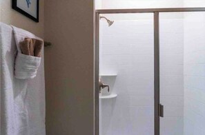 Hair dryer, towels, soap, shampoo
