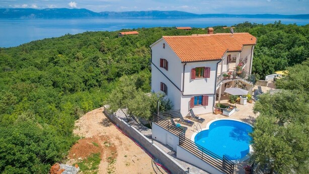 A two-story house with a swimming pool, surrounded by lush greenery and a view of the sea. - Apartment in Drenje with Stunning Sea View (Drenje)