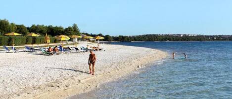 A beach with sun loungers and umbrellas, a clear sky, and a calm sea.