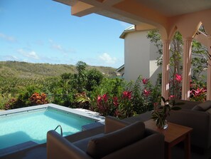 Relax by the serene pool surrounded by lush greenery and vibrant flowers.