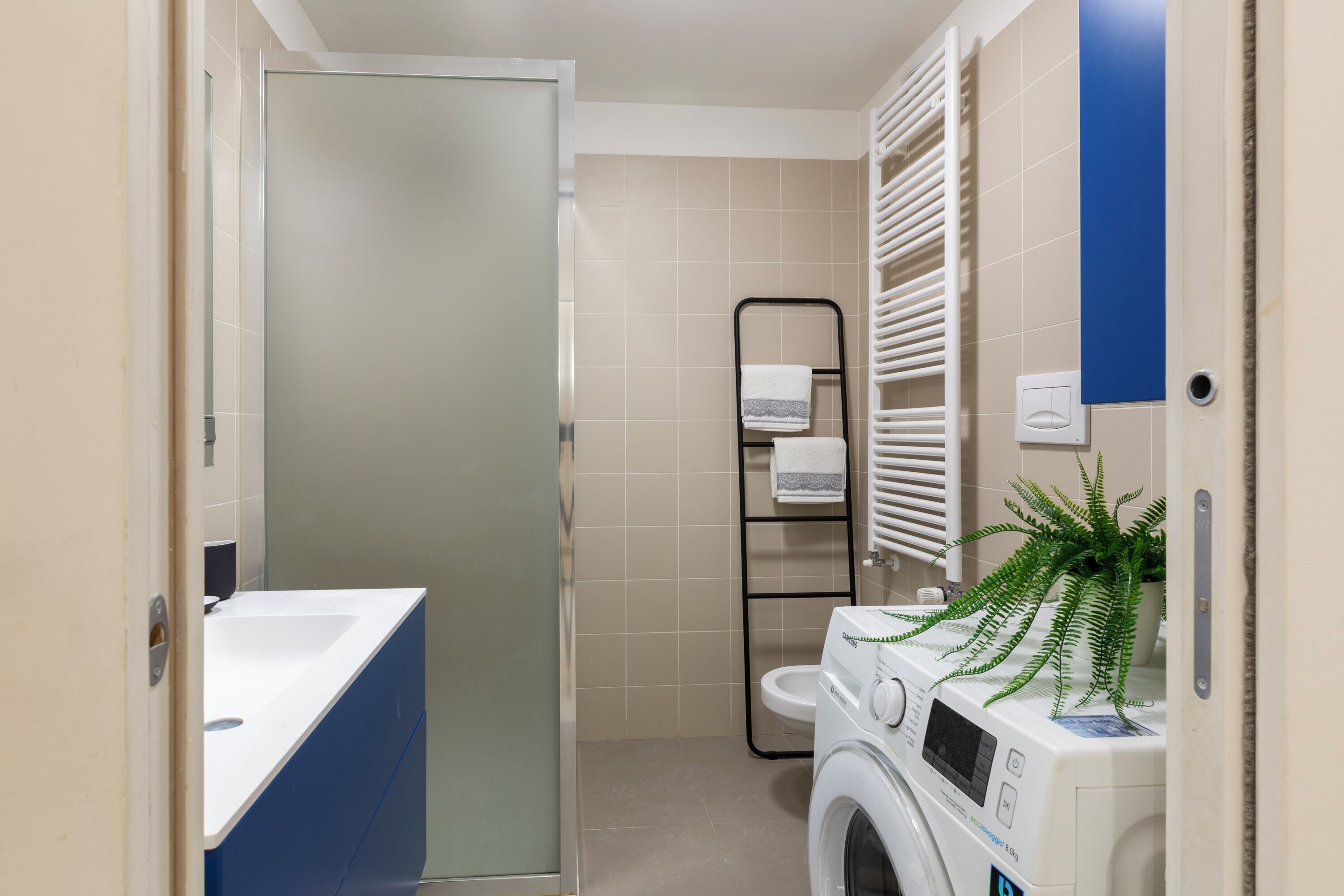 Une petite salle de bain dotée d’une porte de douche en verre, d’un lave-linge, d’un étendoir et d’une plante en pot.