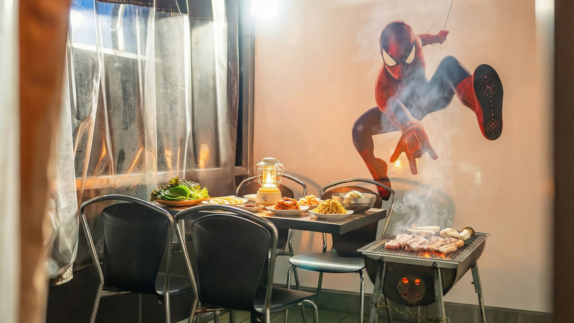 A dining area with a table set for two, a grill with meat, a salad, and a lantern.