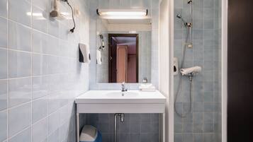 A bathroom with a white sink, a mirror, a handheld showerhead, and a toilet.