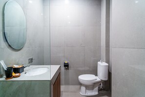 Ducha, secador de pelo, pantuflas, toallas