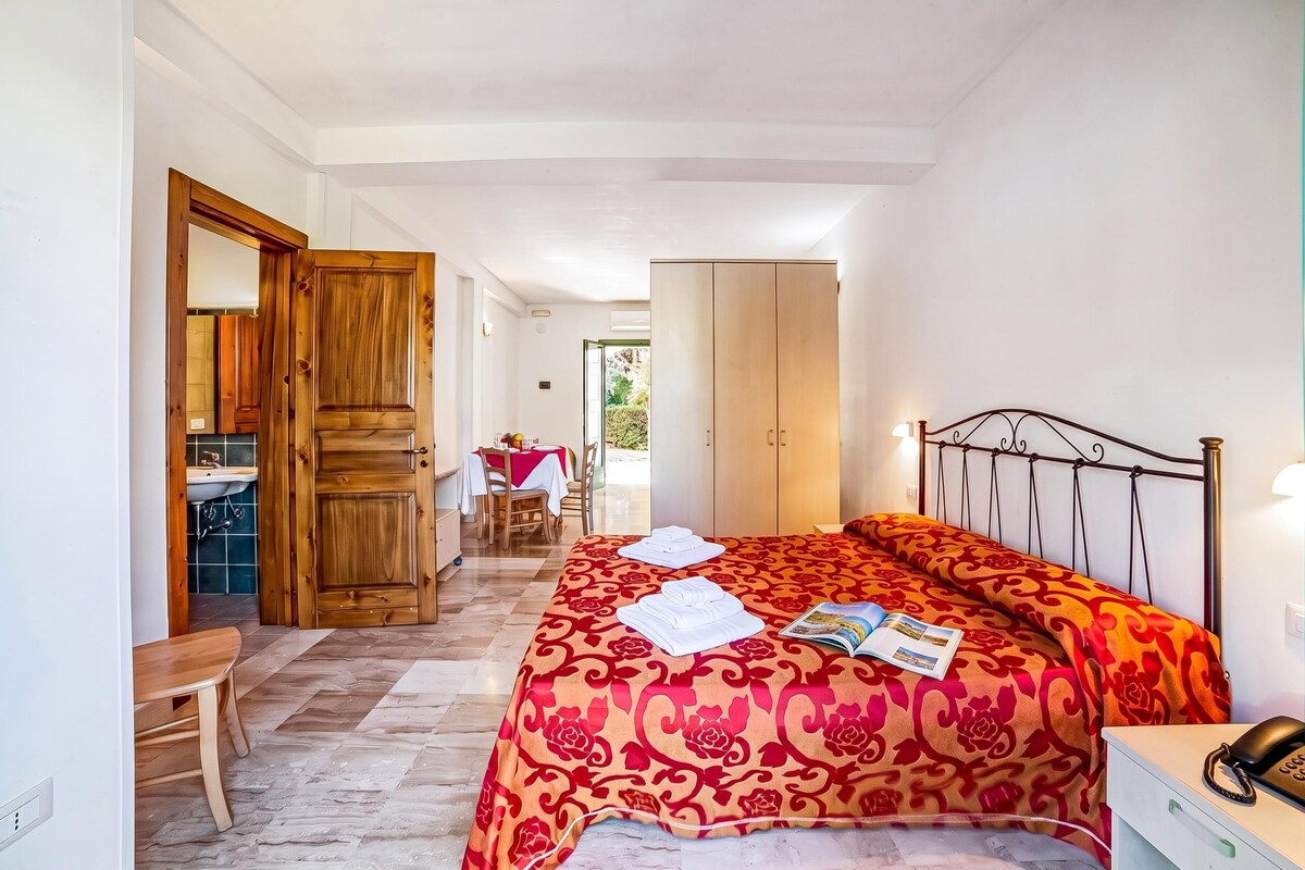 A hotel room with a bed, a desk, a chair, a bathroom, and a view of the garden.