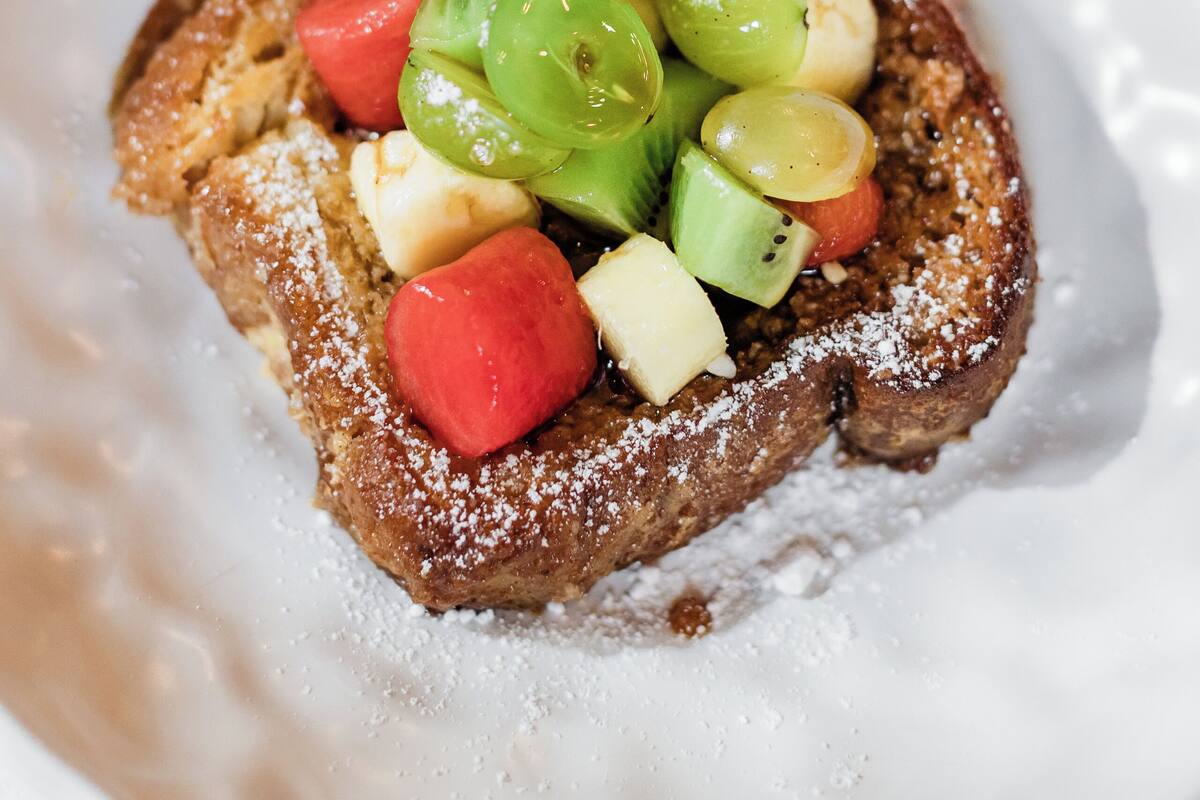 A dessert with fruit on a plate.