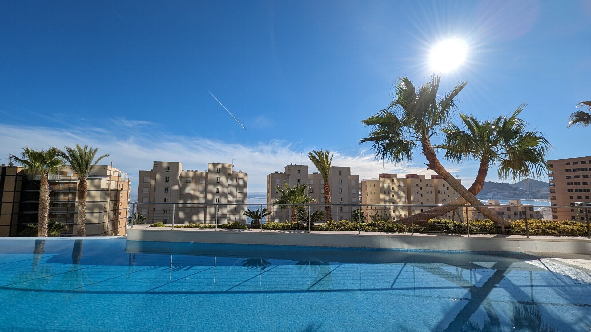 Una piscina con acqua cristallina, circondata da palme e vista su una città con edifici sullo sfondo.
