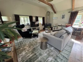 Una sala de estar con sofá, televisor, chimenea y ventana con cortinas.