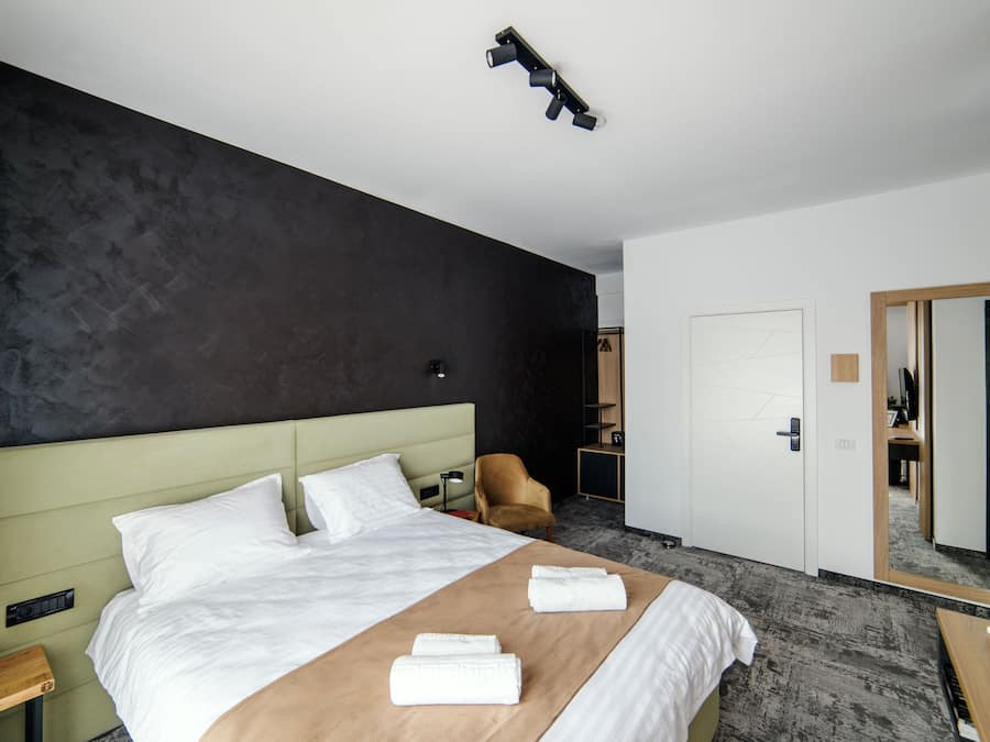 A hotel room with a large bed, a nightstand, a chair, a desk, and a mirror.