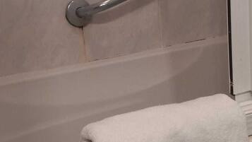 Hair dryer, towels, soap, shampoo