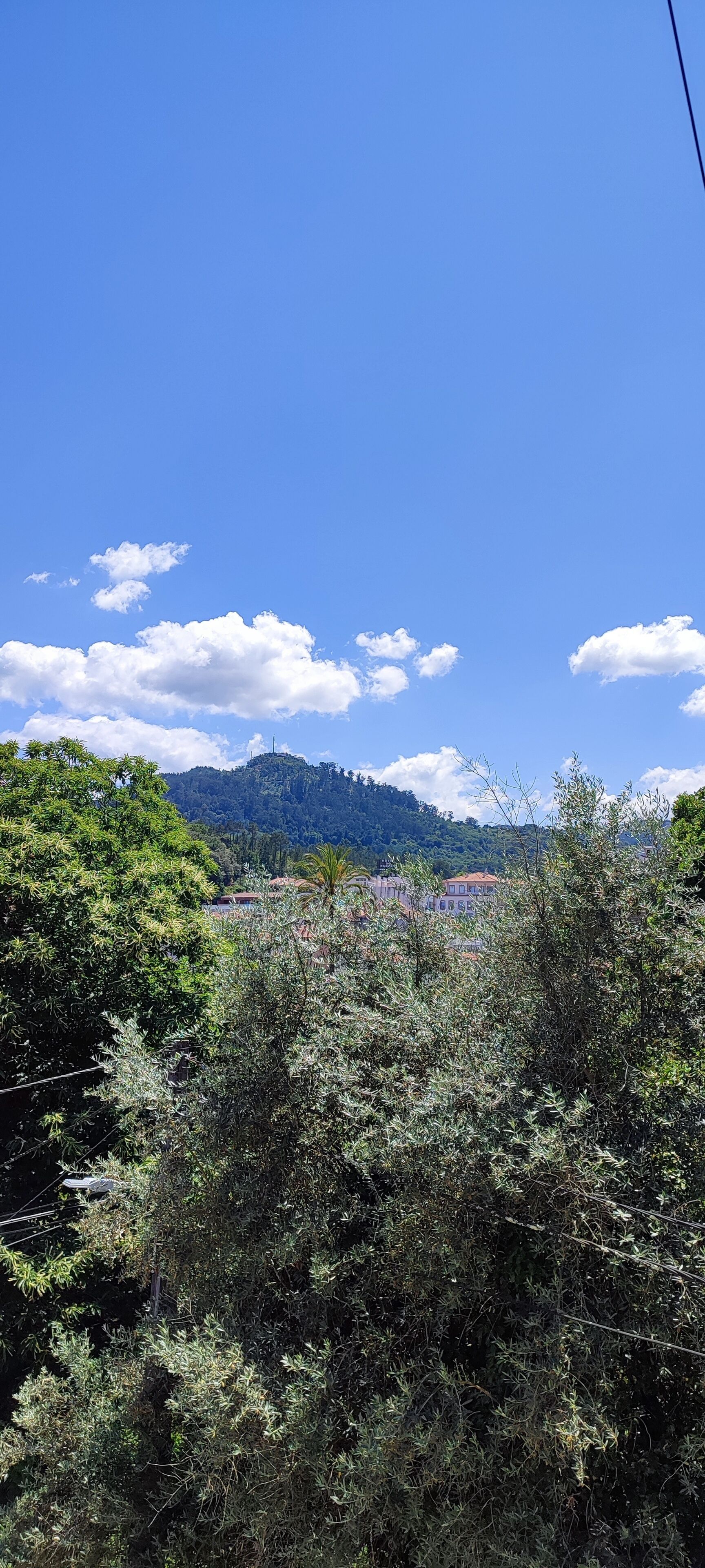 Eine gebirgige Landschaft mit blauem Himmel, dichtem Grün im Vordergrund und Gebäuden im mittleren Bereich.