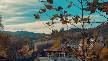 A river with a bridge, surrounded by autumn foliage.