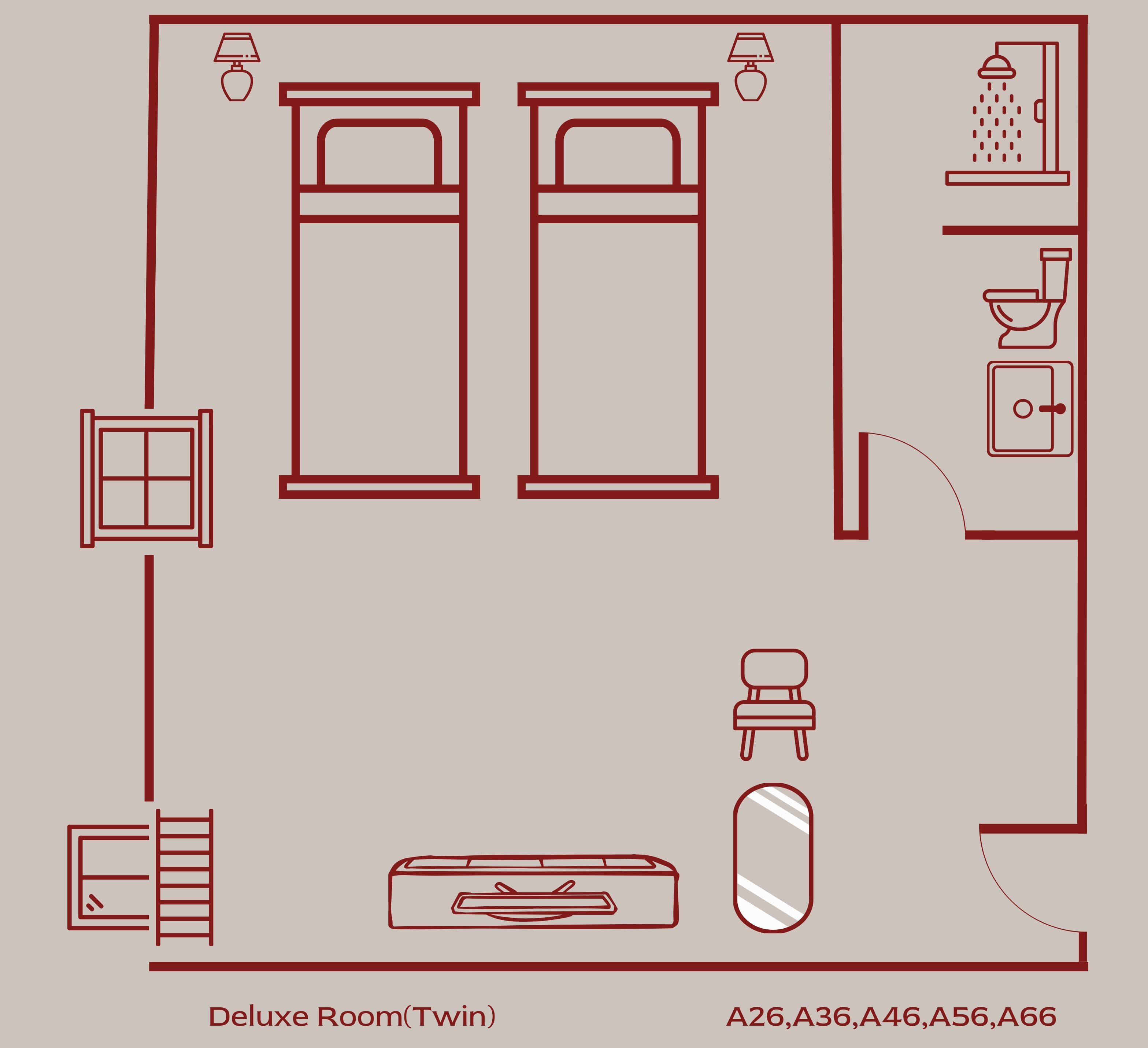 A twin room layout with two beds, a bathroom, a desk, and a chair.