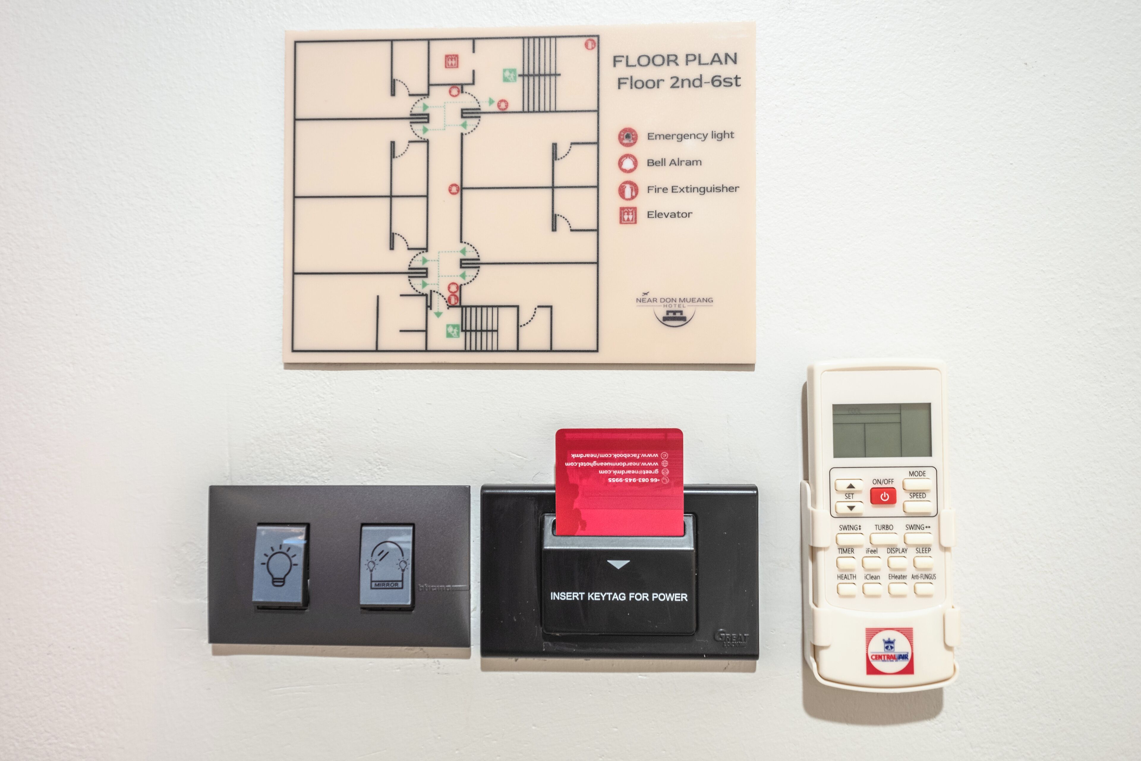 A floor plan, a keytag insertion device, and a remote control.