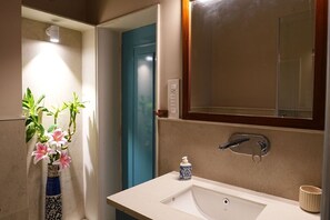 Bathroom features a sink and mirror, with a door and a decorative vase nearby.
