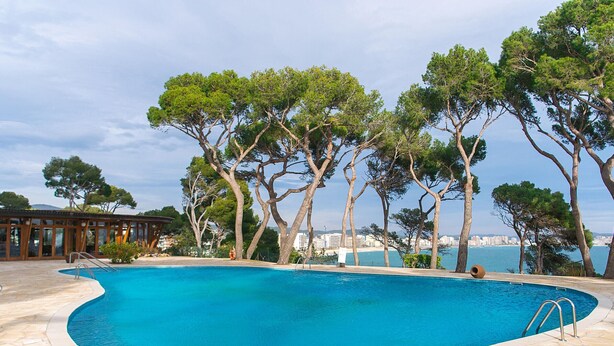 Une piscine aux bords recouverts de pierres, entourée d’arbres et offrant une vue sur la mer.