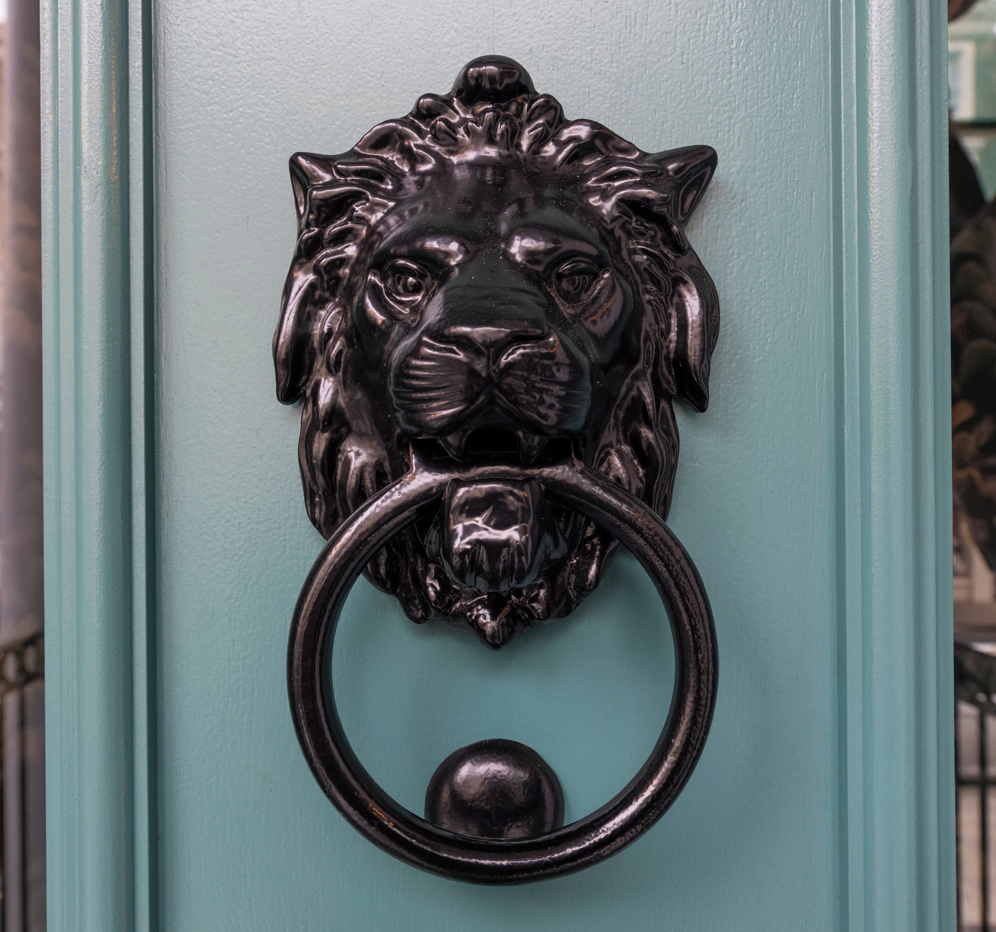 Una puerta con un tirador de león y un anillo circular.