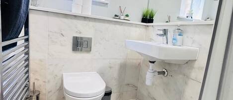 Hiustenkuivaaja, pyyhkeet, saippua, vessapaperi