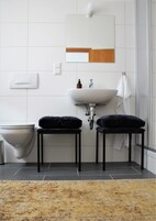 Chuveiro, secador de cabelo, toalhas de banho, sabonete