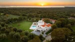 A modern house with a swimming pool, surrounded by lush greenery and a scenic sunset view.