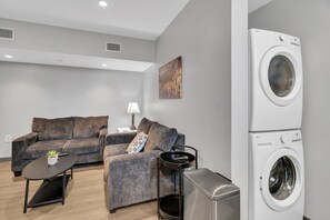 Un salon moderne avec deux canapés gris, une petite table noire ornée d’une plante, une lampe et un lave-linge.