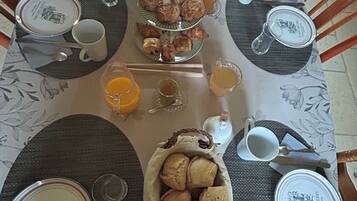 A breakfast table set with plates, cups, a thermos, and a basket of bread.