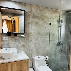 Shower, towels, soap, toilet paper