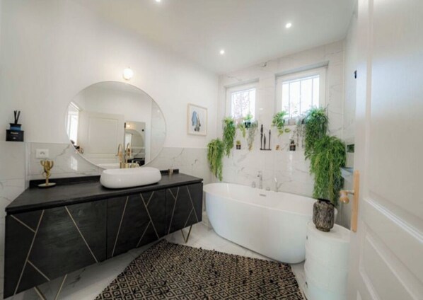 Hair dryer, towels, soap, toilet paper
