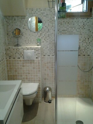 Shower, hair dryer, towels, soap