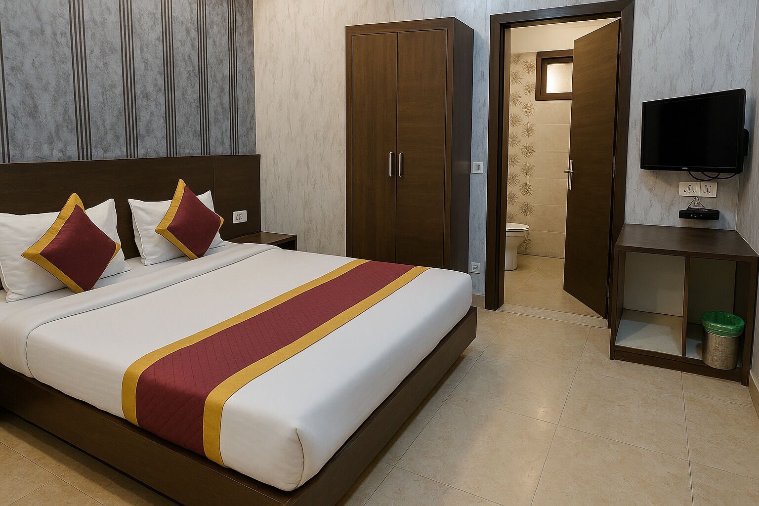 Une chambre d’hôtel avec un grand lit, une armoire en bois, un téléviseur posé sur un meuble et une petite poubelle.