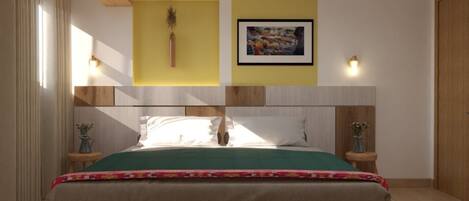 Un dormitorio moderno con una cama grande, dos mesitas de noche, una pared de acento amarilla y un cuadro enmarcado sobre la cama.