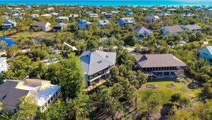 A residential area with houses surrounded by greenery and a view of the ocean.