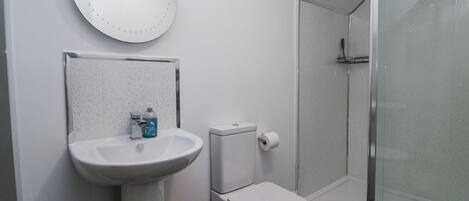 A bathroom with a white sink, toilet, and glass shower enclosure.